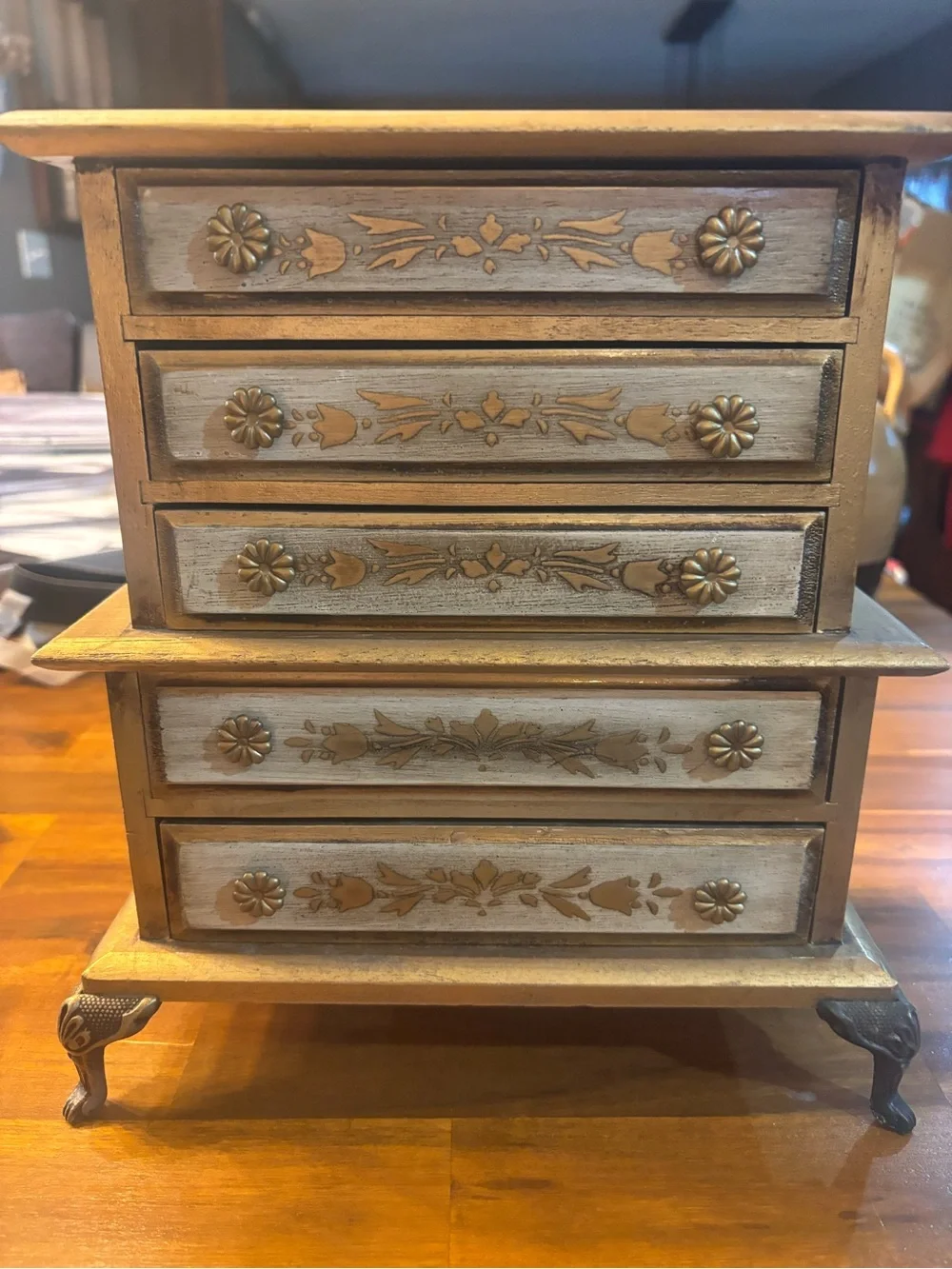 Vintage Japanese Wood Jewelry Music box in Decorative Gold and Cream